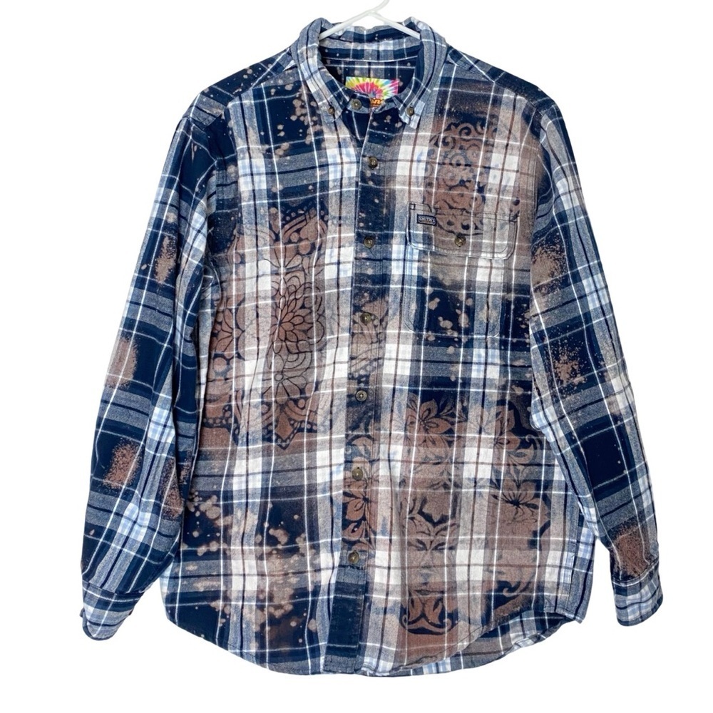 Upcycled Flannel Shirt Mens Size Medium Large Unisex Floral Plaid Handmade Blue